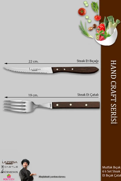 LAZBİSA Hand Craft Serisi Steak Et Bıçağı Çatalı 6 Lı Set Mutfak Bıçak Seti ( Mtf-060 ) - 2