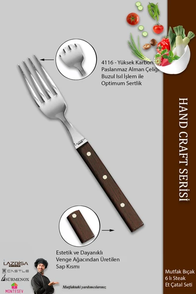 LAZBİSA Hand Craft Serisi Steak Et Yemek Kahvaltı Çatalı 6 Lı Set Mutfak Bıçak Günlük Kullanım ( Mtf-061 ) - Resim 3