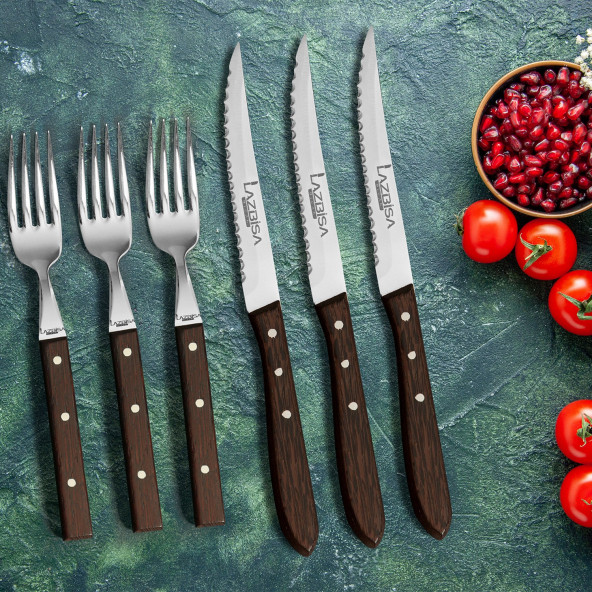 LAZBİSA Mutfak Bıçak Seti Steak Et Çatalı Et Bıçağı Restoran Şık Venge Ağaç Sap Kısmı 6 lı