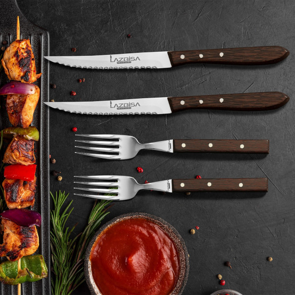 LAZBİSA Mutfak Bıçak Seti Steak Et Çatalı Et Bıçağı Restoran Şık Venge Ağaç Sap Kısmı 4 lü