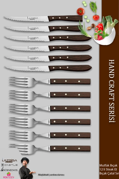 LAZBİSA Hand Craft Serisi Steak Et Yemek Kahvaltı Bıçağı Çatalı 12 Li Set Mutfak Bıçak Seti ( Mtf-061 )