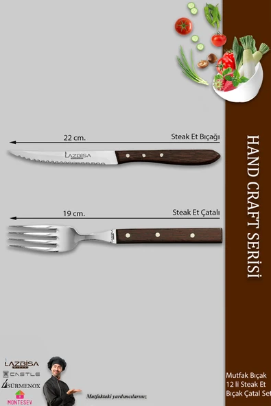 LAZBİSA Hand Craft Serisi Steak Et Yemek Kahvaltı Bıçağı Çatalı 12 Li Set Mutfak Bıçak Seti ( Mtf-061 ) - 2