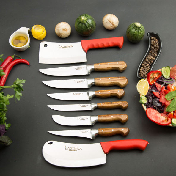 LAZBİSA Mutfak Bıçak Seti Et Bıçağı Tavuk Kemik Satır Kıyma Pide Soğan Börek Satır 8 Li Set