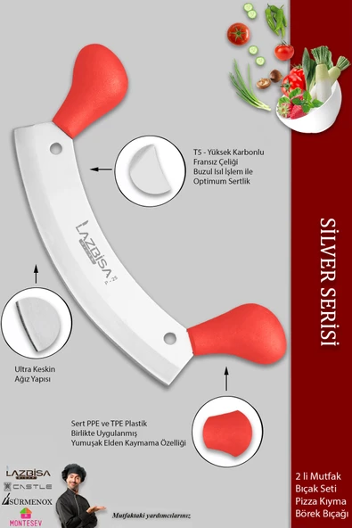 LAZBİSA Silver Serisi Mutfak Bıçak Börek Bıçağı Pizza Pide Bıçağı Salata Kıyma Bıçağı 2 Li Set ( Mft-413) - 3