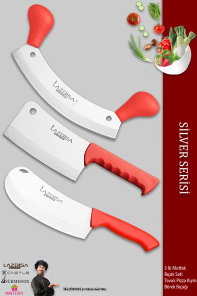 LAZBİSA Silver Serisi Mutfak Bıçak Börek Bıçağı Pizza Pide Bıçağı Kıyma Bıçağı Satır 3 Lü Set ( Mft-758)