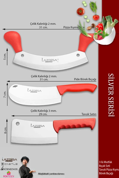 LAZBİSA Silver Serisi Mutfak Bıçak Börek Bıçağı Pizza Pide Bıçağı Kıyma Bıçağı Satır 3 Lü Set ( Mft-758) - 2