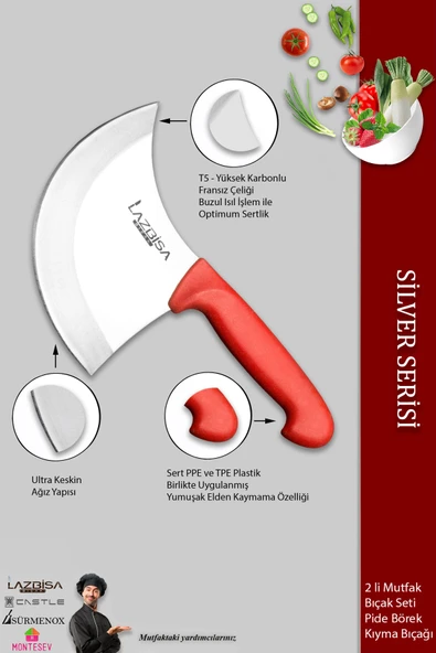 LAZBİSA Silver Serisi Mutfak Bıçak Börek Bıçağı Pizza Pide Bıçağı Kıyma Bıçağı 2 Li Set ( Mft-460 ) - 3