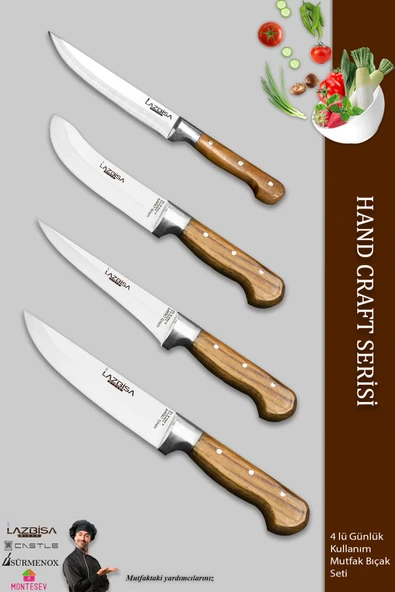 LAZBİSA Hand Craft Mutfak Bıçak Seti Et Ekmek Sebze Meyve Bıçağı 4 Lü Set Günlük Kullanım ( Mtf-583 )