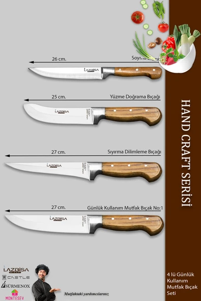 LAZBİSA Hand Craft Mutfak Bıçak Seti Et Ekmek Sebze Meyve Bıçağı 4 Lü Set Günlük Kullanım ( Mtf-583 ) - Resim 2