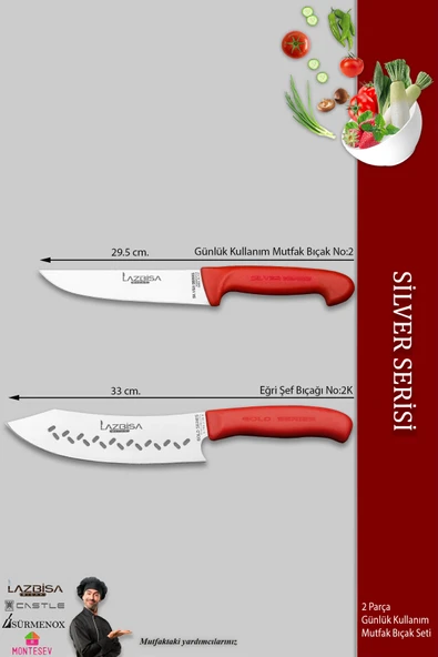 LAZBİSA Gold Serisi Mutfak Bıçak Seti Et Ekmek Sebze Şef Bıçağı Kanallı 2 Li Set (MFT-865) - 2