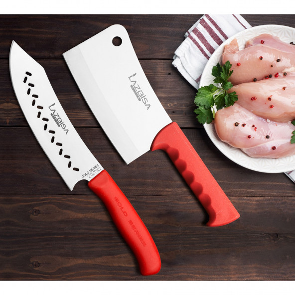 LAZBİSA Mutfak Bıçak Seti Şef Bıçağı Eğri Şef 2K Tavuk Et Kemik Satırı Seti 2 Li