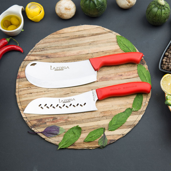 LAZBİSA Mutfak Bıçak Seti Şef Bıçağı Eğri Santaku 2K Satır Pizza Soğan Pide Börek Satırı Seti 2 Li