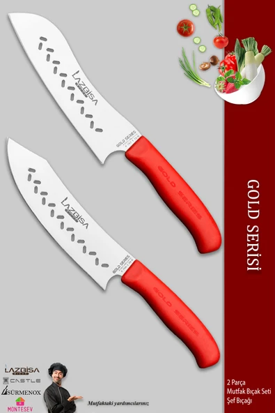 LAZBİSA Gold Serisi Mutfak Bıçak Seti Et Ekmek Sebze Şef Bıçağı Kanallı 2 Li Set Günlük Kullanım (MFT-421)