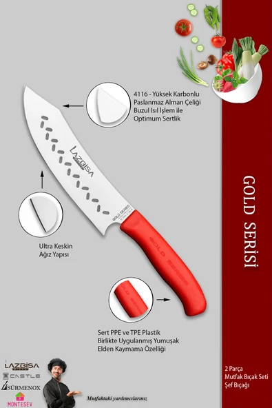 LAZBİSA Gold Serisi Mutfak Bıçak Seti Et Ekmek Sebze Şef Bıçağı Kanallı 2 Li Set Günlük Kullanım (MFT-421) - 3