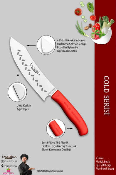 LAZBİSA Gold Serisi Mutfak Bıçak Seti Şef Bıçağı Eğri Şef 2k Satır Pizza Soğan Pide Börek Satırı Seti 2 Li - 3