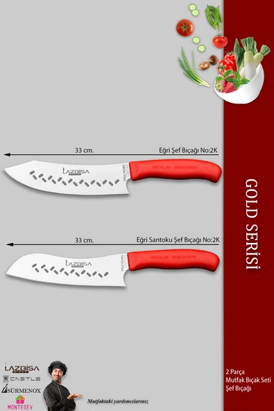 LAZBİSA Gold Serisi Mutfak Bıçak Seti Et Ekmek Sebze Şef Bıçağı Kanallı 2 Li Set Günlük Kullanım (MFT-421) - 2