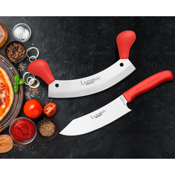 LAZBİSA Mutfak Bıçak Seti Şef Bıçağı Eğri Şef No2 Satır Zırh Pizza Soğan Pide Kıyma Doğrayıcı Seti 2 Li