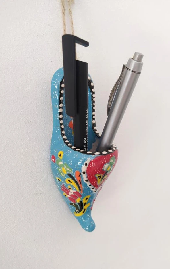 1 Adet Seramik Çini Çarık Askılı Duvar Süsü Kalemlik Mavi - 6