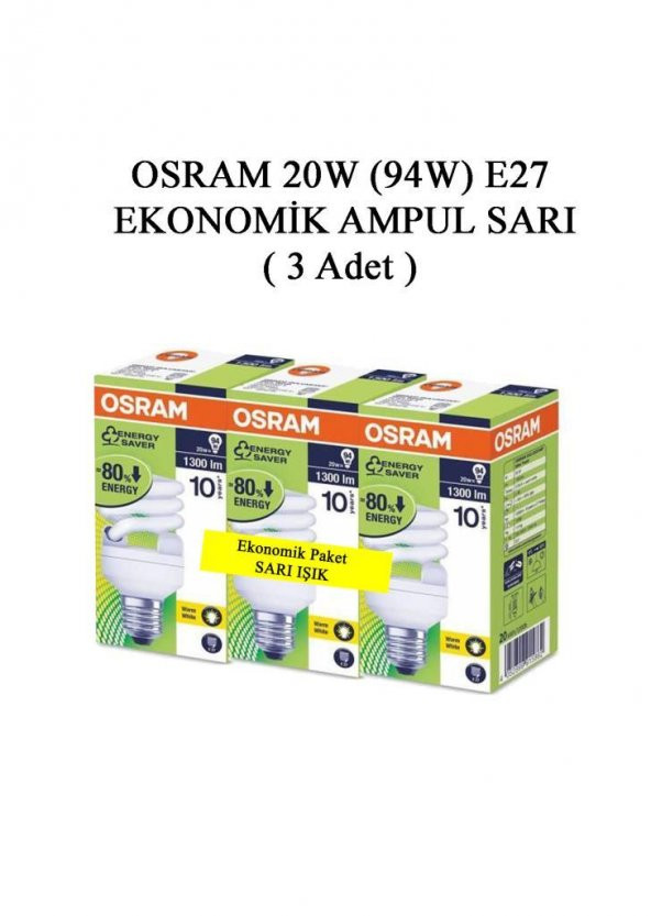 Osram 20W (94W) Kompakt Florasan Ampul 2700 K Sarı Işık ( 3 Adet )
