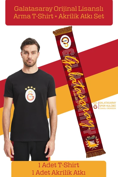 Galatasaray Orijinal Lisanslı Arma T-Shirt + Şal Kaşkol Set Hediyelik Ahşap Kutulu - 9