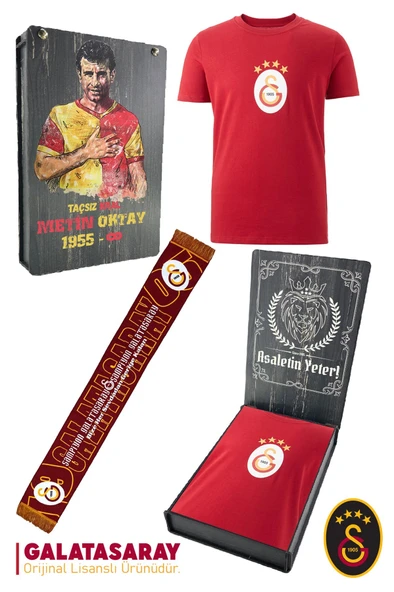 Galatasaray Orijinal Lisanslı Arma T-Shirt + Şal Kaşkol Set Hediyelik Ahşap Kutulu