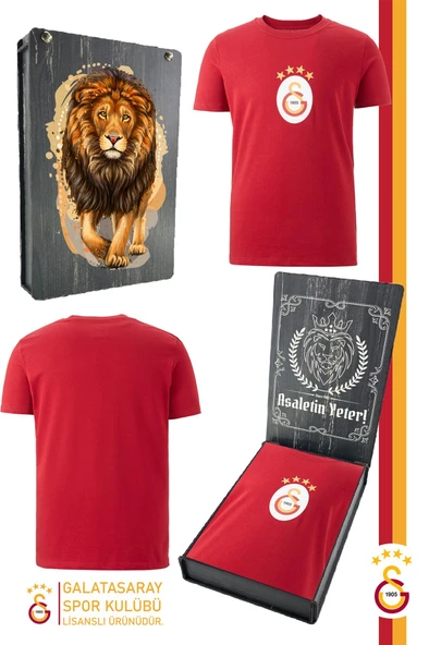 Galatasaray Orijinal Lisanslı Arma T-Shirt Gs Aslan Baskılı Hediyelik Ahşap Kutulu