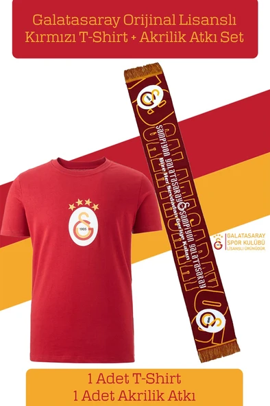 Galatasaray Orijinal Lisanslı Arma T-Shirt + Şal Kaşkol Set Hediyelik Ahşap Kutulu - 2