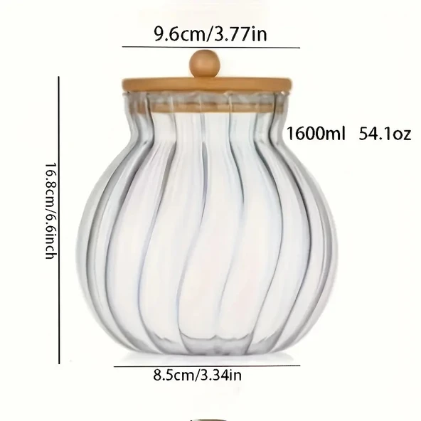 3 adet Çizgili Cam Saklama Kavanozu Bambu Kapaklı - Çok Amaçlı Kavonoz set,  Çay, Atıştırmalıklar, Baharatlar ve Şeker için - 3
