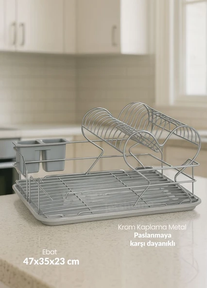 2 Katlı Bulaşıklık Tezgah Üstü Tabaklık BPA FREE Bulaşık Sepeti Kalpli Gri ürün görseli 1