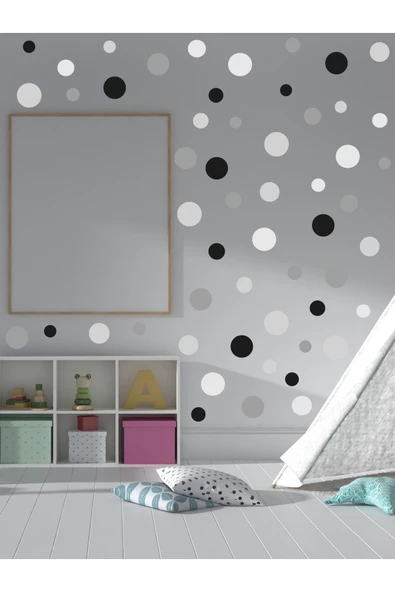 Soft Gri tonlarda ve  siyah renkli puantiye set 96 adet yuvarlak 2-4-6 Cm duvar sticker