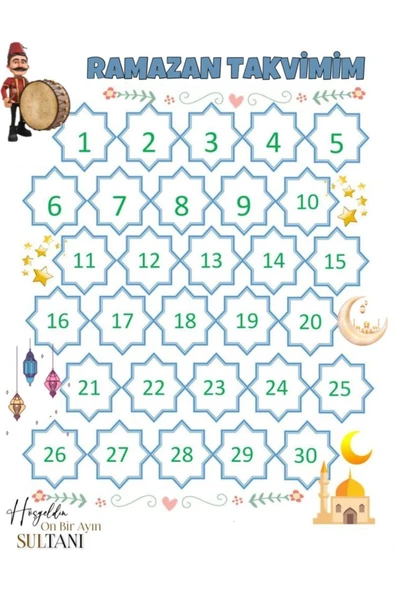 11 Ayın Sultanı Yazılı Çocuklar İçin Oruç Çizelgesi, Ramazan Ayı  ,Ramazan Sticker, Ramazan Süsü