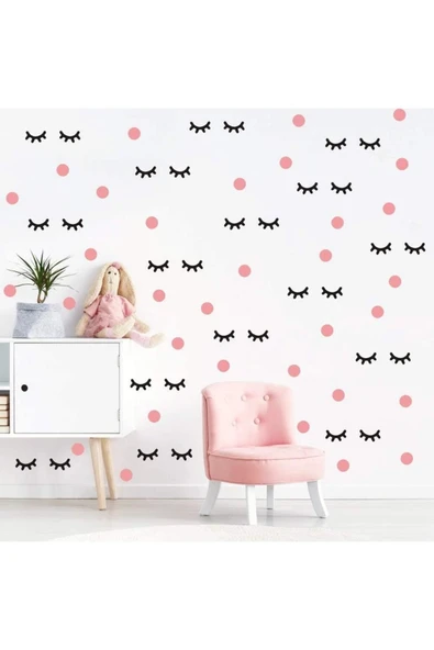Pembe Polka Siyah Kirpik Çocuk Odası Duvar Sticker Minimalist Duvar Modaya Uygun Çıkartmaları