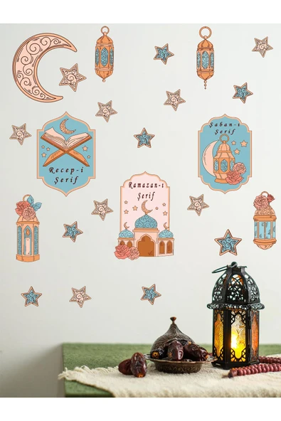 3 Aylar Temalı, Ramazan Ayı  Dekoratif Duvar Cam Sticker Seti Hoşgeldin Ramazan, Recep, Şaban Ayı