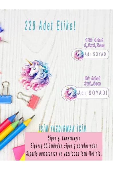 Okul Kalem Defter Etiketi Unicorn Temalı Özel Isim Yazılabilen Etiket 228 adet