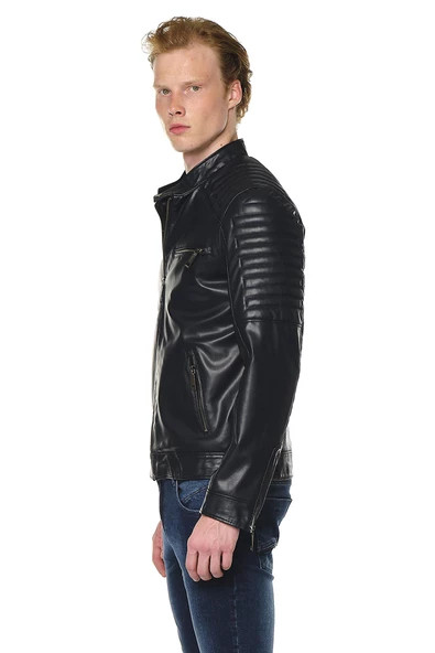 Erkek Dik Yaka Çok Cepli Fermuarlı Omuzları Kabartmalı Deri İşçilikli Suni Deri Mont - 10