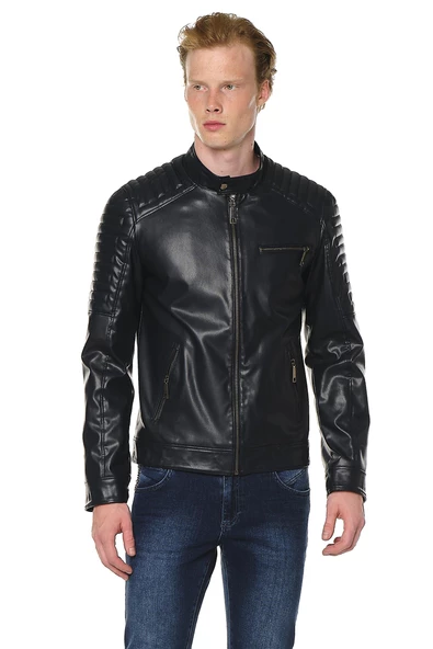 Erkek Dik Yaka Çok Cepli Fermuarlı Omuzları Kabartmalı Deri İşçilikli Suni Deri Mont - 12