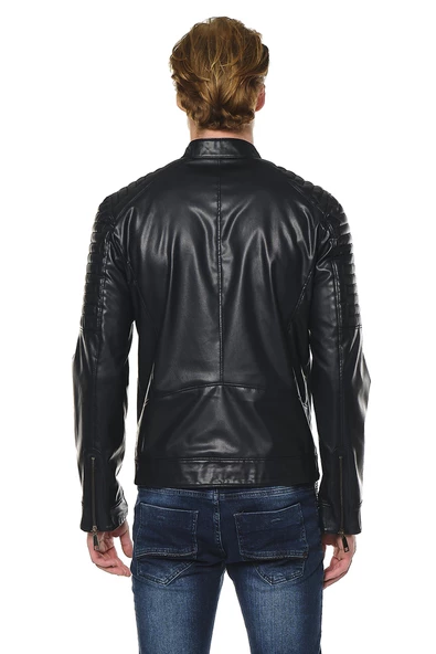 Erkek Dik Yaka Çok Cepli Fermuarlı Omuzları Kabartmalı Deri İşçilikli Suni Deri Mont - 11