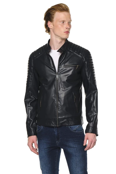 Erkek Dik Yaka Çok Cepli Fermuarlı Omuzları Kabartmalı Deri İşçilikli Suni Deri Mont - 9