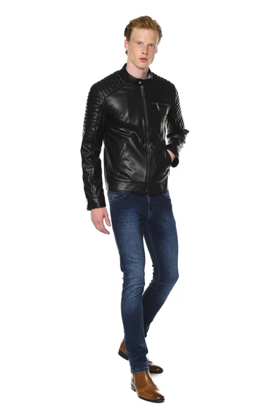 Erkek Dik Yaka Çok Cepli Fermuarlı Omuzları Kabartmalı Deri İşçilikli Suni Deri Mont - 7