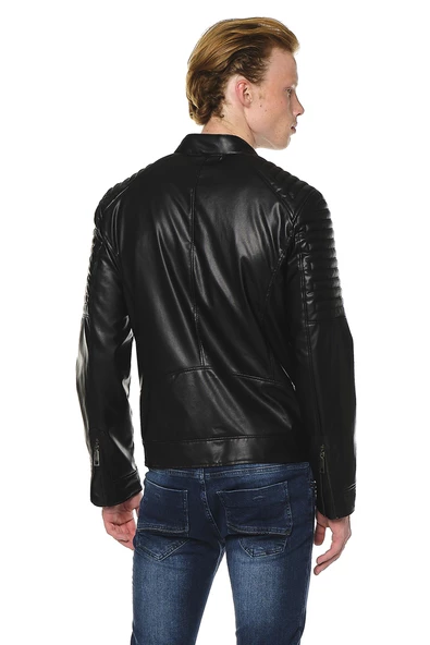 Erkek Dik Yaka Çok Cepli Fermuarlı Omuzları Kabartmalı Deri İşçilikli Suni Deri Mont - 5