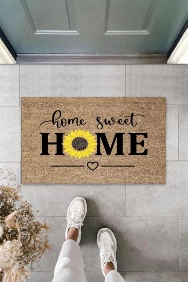 P Parla Bej Kapı Önü Paspası Home Sweet Home Papatyalı Desen  K-3342