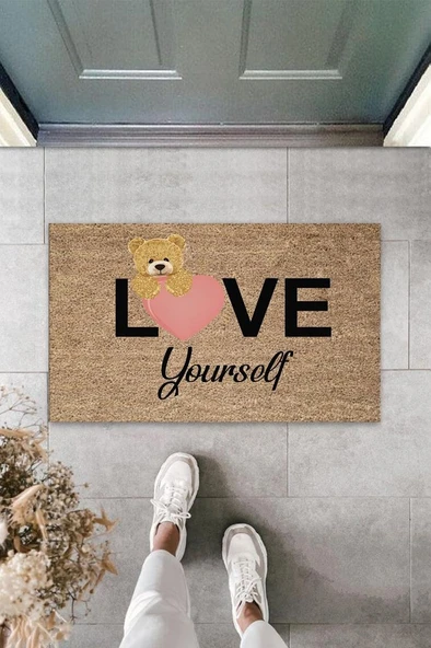 P Parla Bej Kapı Önü Paspası Love Yourself Ayıcık Desen  K-3327
