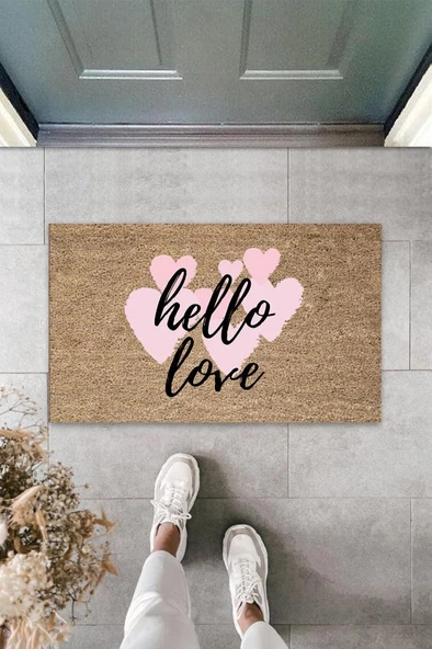 P Parla Pembe Kapı Önü Paspası Hello Love Desen  K-3291