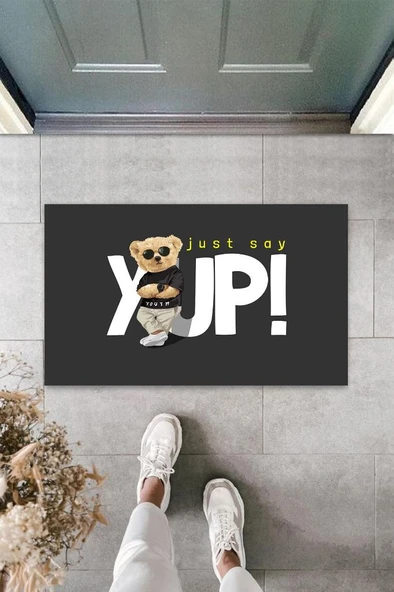 P Parla Siyah Kapı Önü Paspası Just Say Yup Ayıcık Desen  K-3340