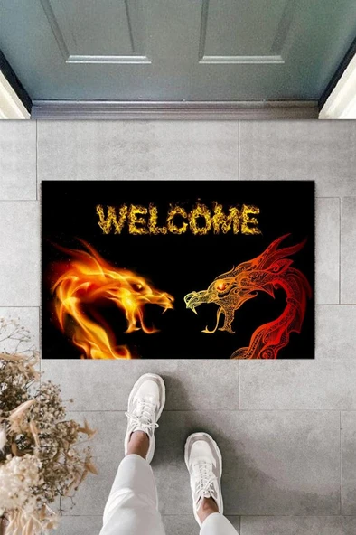P Parla Dijital Baskı Siyah Welcome Ejderha Paspas K-2110