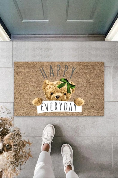 P Parla Kahverengi Kapı Önü Paspası Happy Everday Ayıcık Desen  K-3237