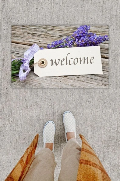 P Parla Dijital Baskı Dekoratif Welcome Bej Kapı Önü Paspası K-1252