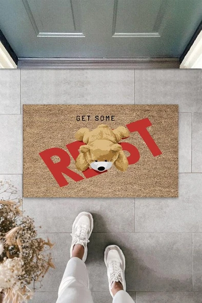 P Parla Bej Kapı Önü Paspası Get Some Rest Ayıcık Desen  K-3326