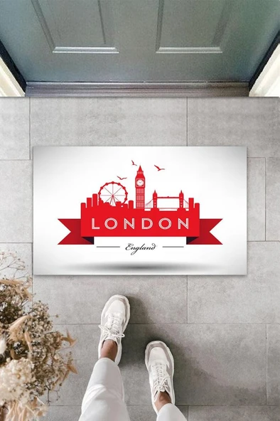 P Parla Dijital Baskı Beyaz London Kapı Paspası