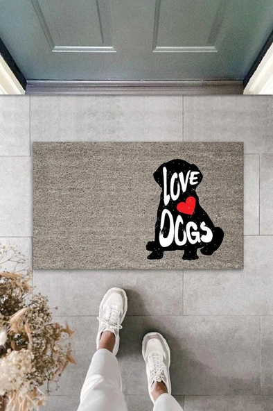 P Parla Dijital Baskı Gri Love Dogs Köpekli Dekoratif Kapı Paspası K-2071